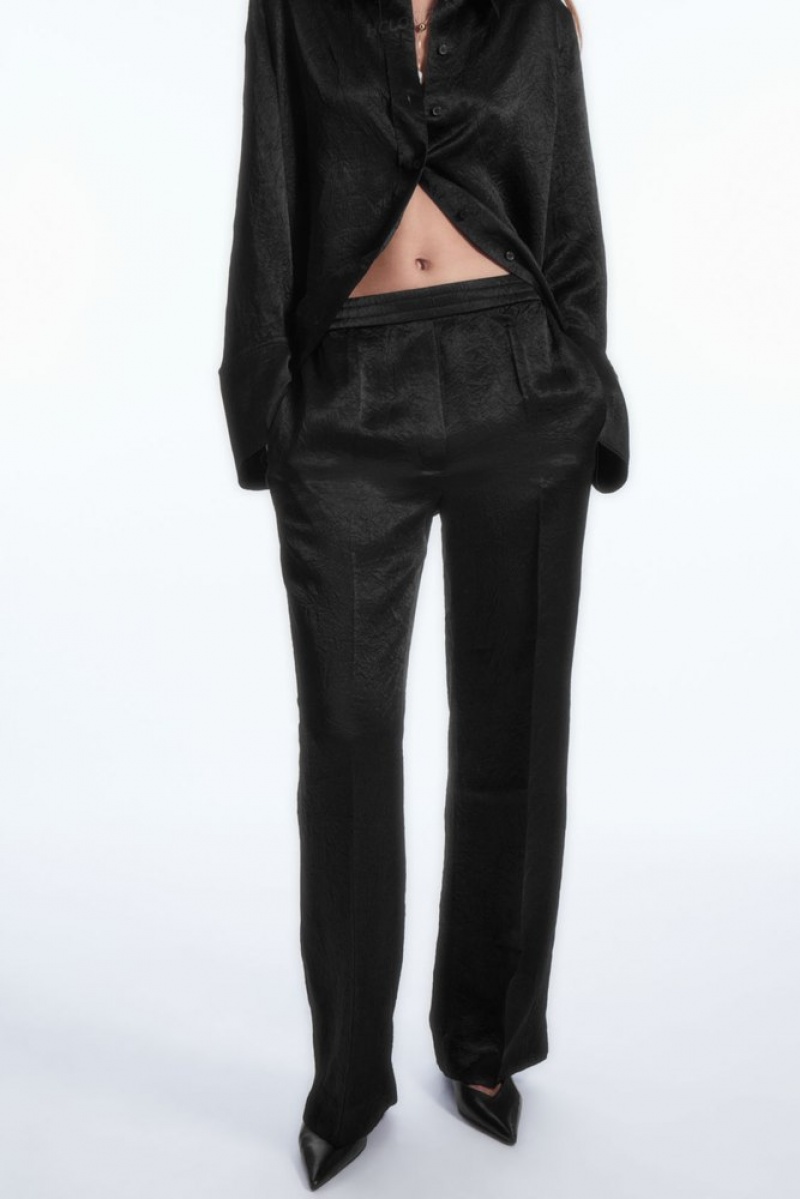 Black COS Straight-Leg Crinkled-Satin Pants Pants | 821503-AKN