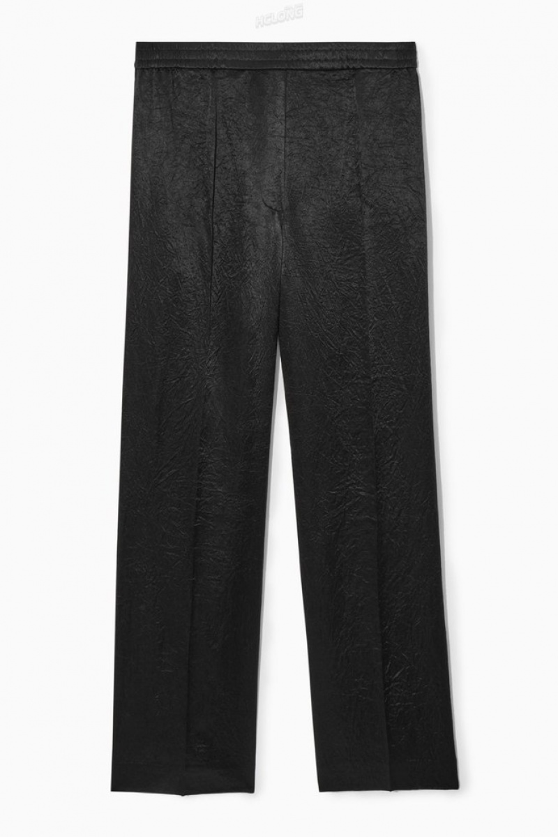 Black COS Straight-Leg Crinkled-Satin Pants Pants | 821503-AKN