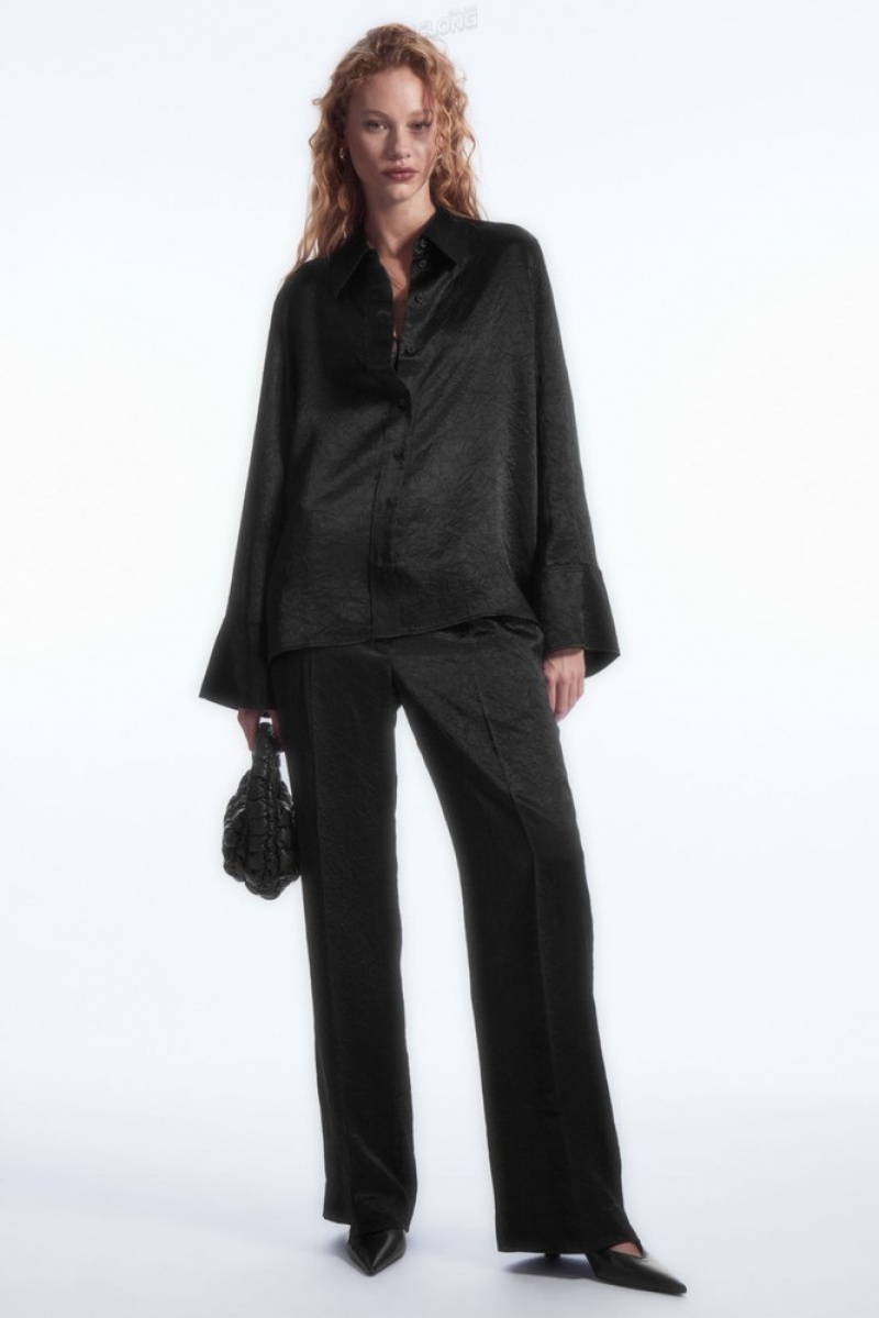 Black COS Straight-Leg Crinkled-Satin Pants Pants | 821503-AKN