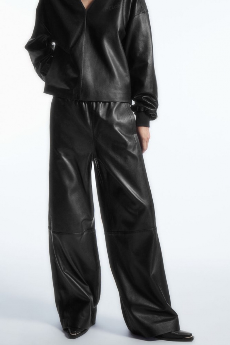 Black COS Straight-Leg Elasticated Leather Pants Pants | 179086-OYS