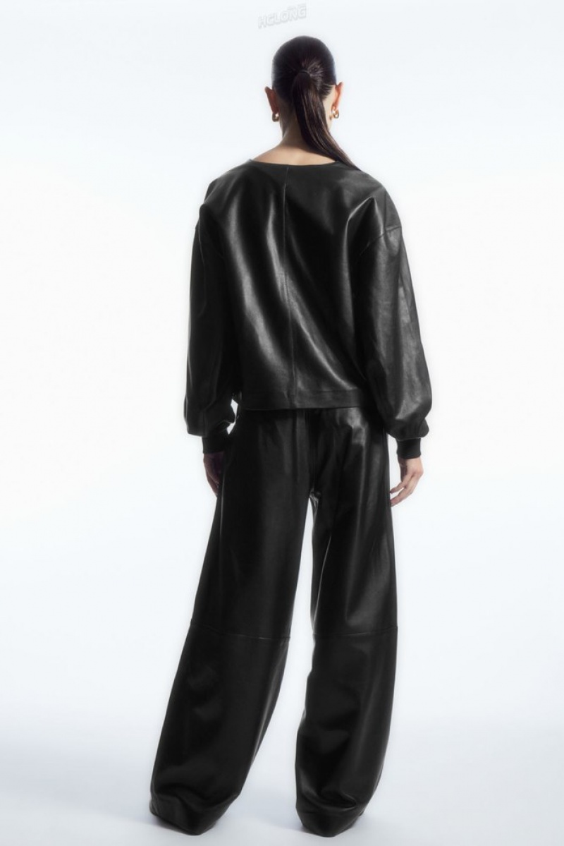 Black COS Straight-Leg Elasticated Leather Pants Pants | 179086-OYS