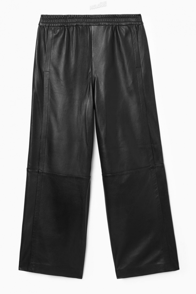 Black COS Straight-Leg Elasticated Leather Pants Pants | 179086-OYS