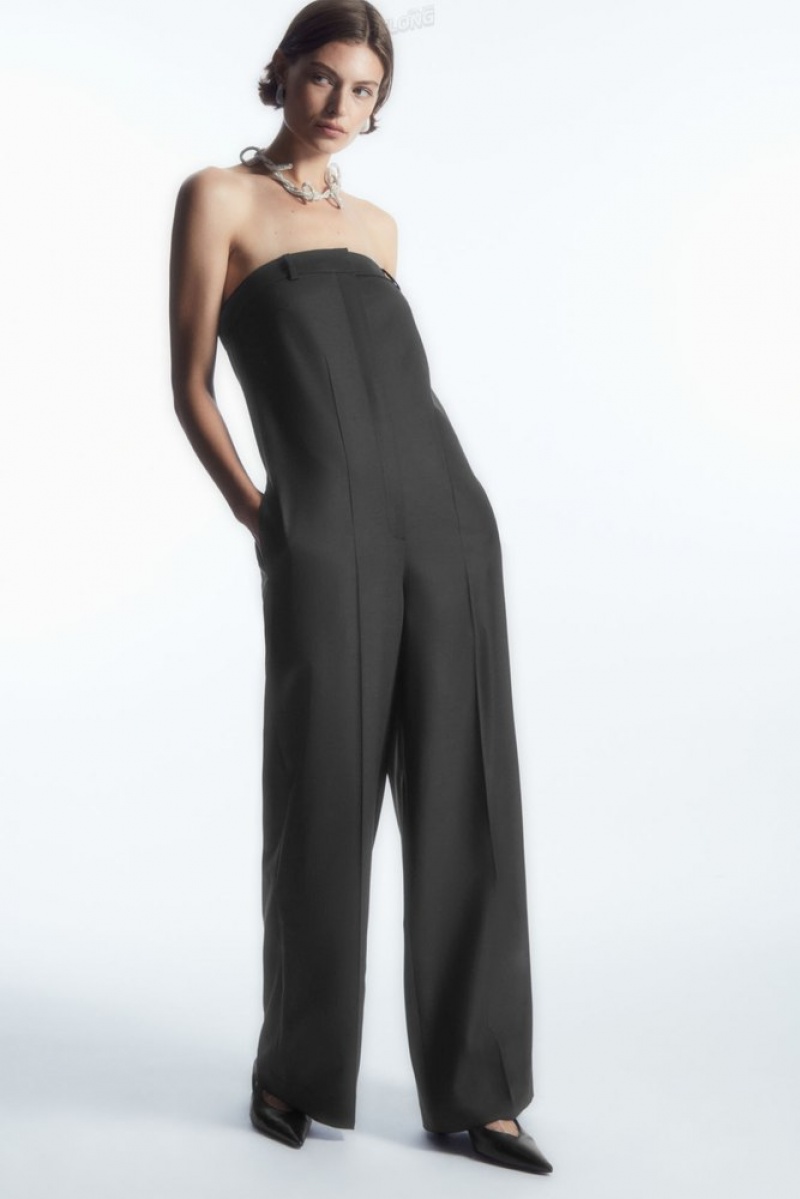 Black COS Strapless Wool Tailored Jumpsuit Jumpsuits | 871906-WLQ