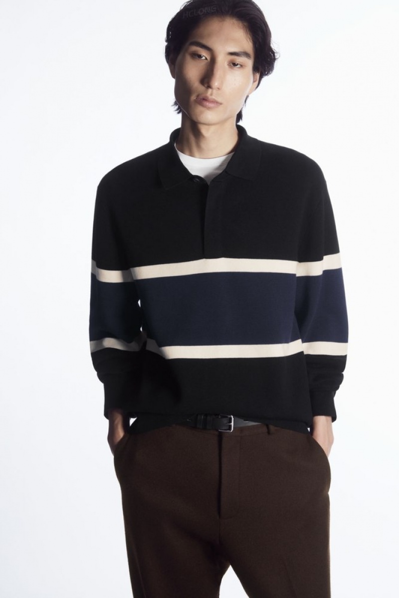 Black COS Striped Polo Shirt Polo Shirts | 179835-DSV