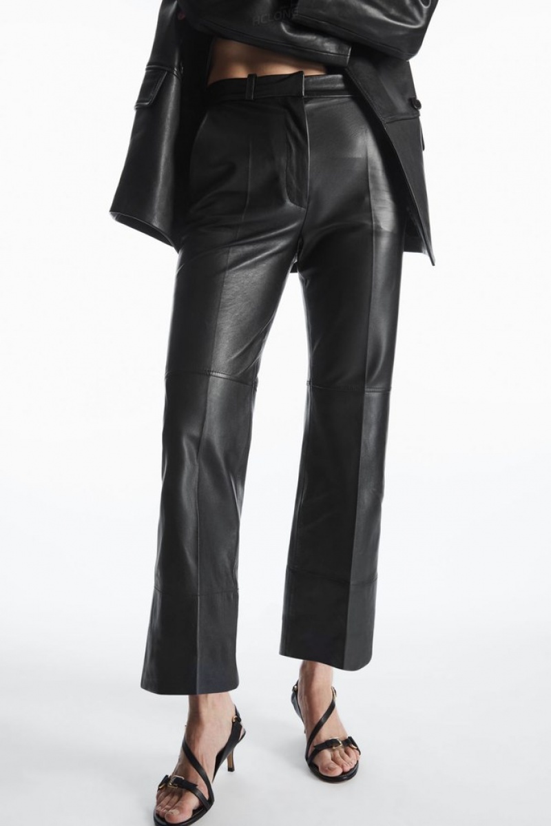 Black COS Tailored Flared Leather Pants Pants | 013984-KXL