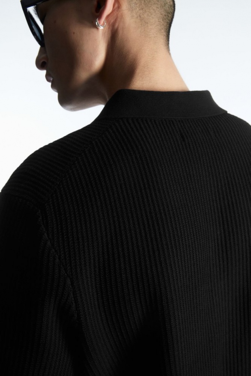 Black COS Textured Knitted Polo Shirt Sweaters & Cardigans | 547698-UYF