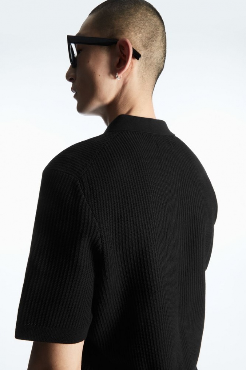 Black COS Textured Knitted Polo Shirt Sweaters & Cardigans | 547698-UYF