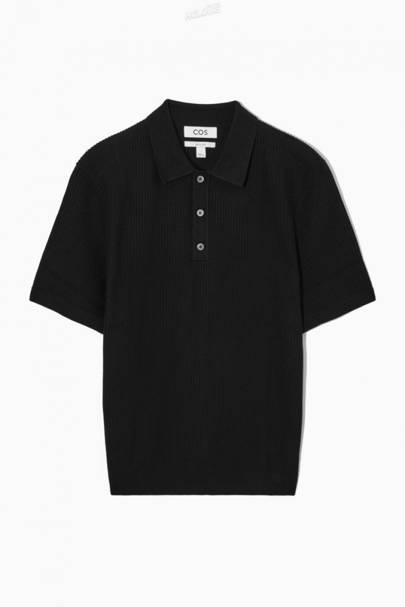 Black COS Textured Knitted Polo Shirt Sweaters & Cardigans | 547698-UYF