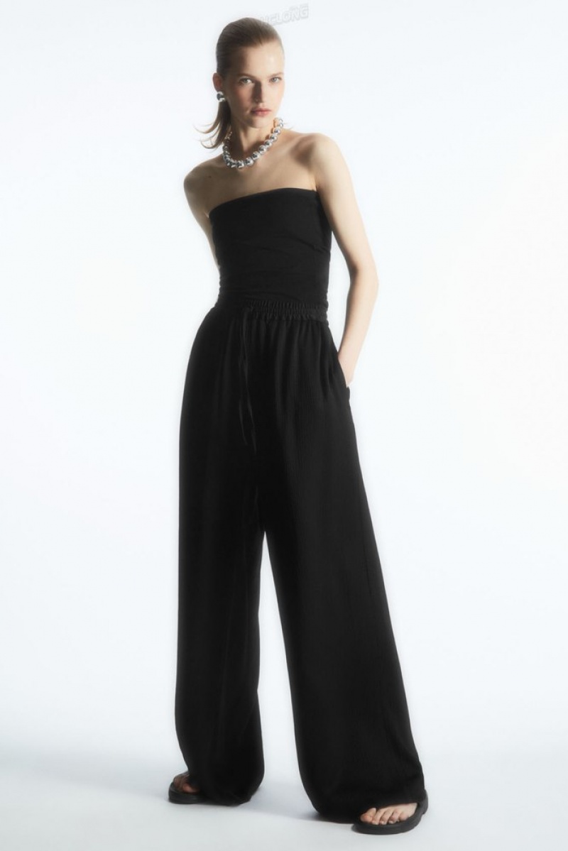 Black COS Textured Wide-Leg Drawstring Trousers Pants | 358401-EGV