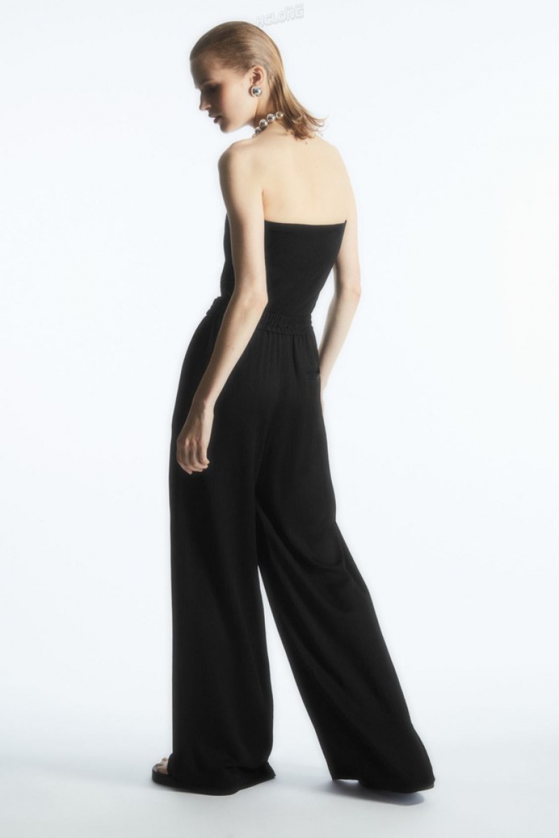 Black COS Textured Wide-Leg Drawstring Trousers Pants | 358401-EGV