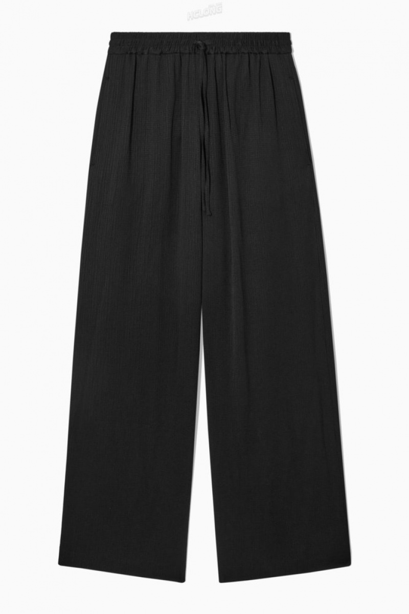 Black COS Textured Wide-Leg Drawstring Trousers Pants | 358401-EGV