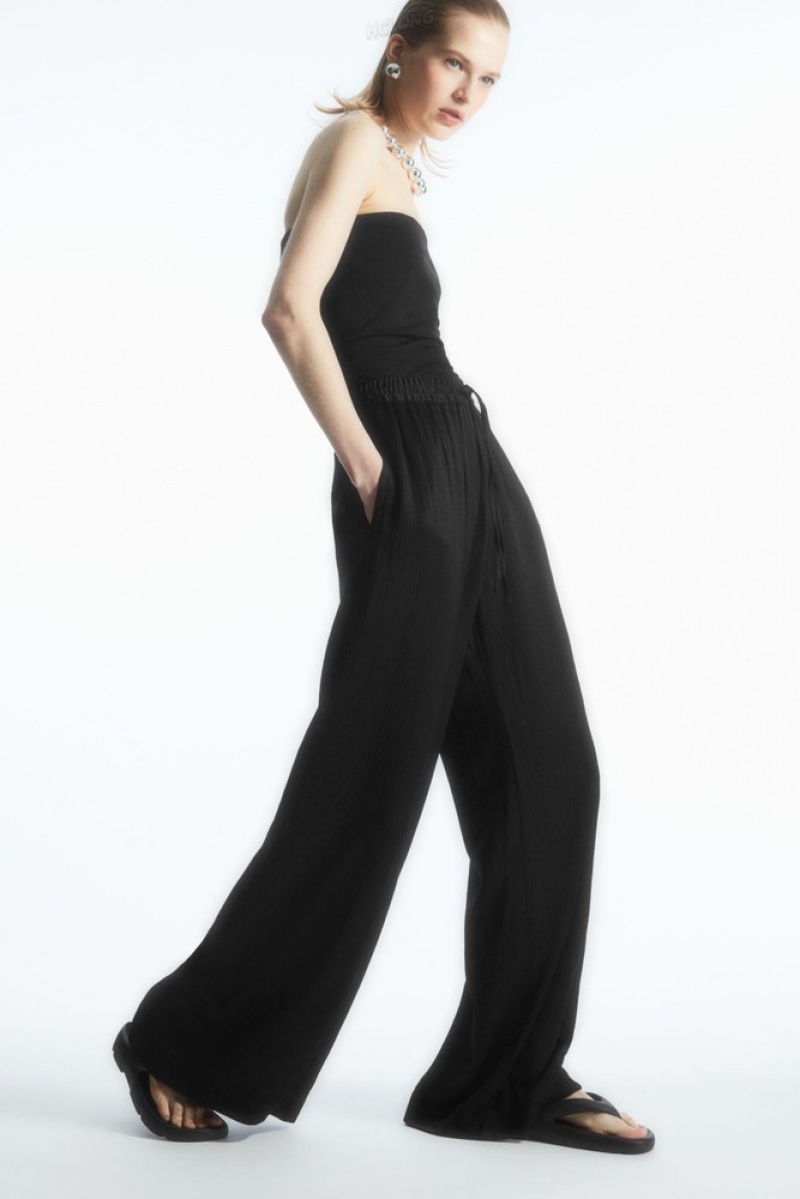 Black COS Textured Wide-Leg Drawstring Trousers Pants | 358401-EGV