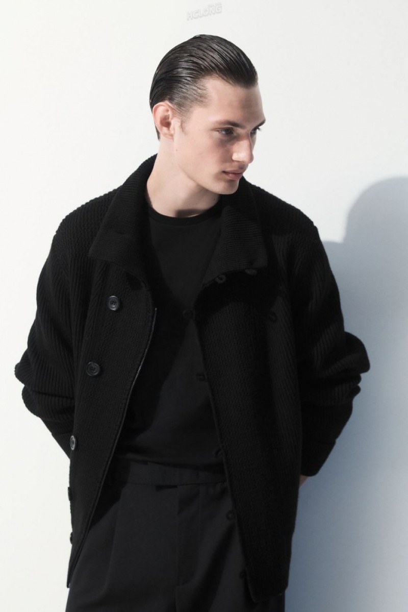 Black COS The Funnel-Neck Knitted Wool Jacket Coats & Jackets | 716294-TMU