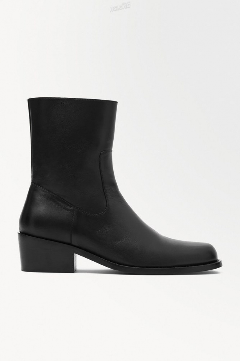 Black COS The Heeled Leather Boots Boots | 261085-FZH