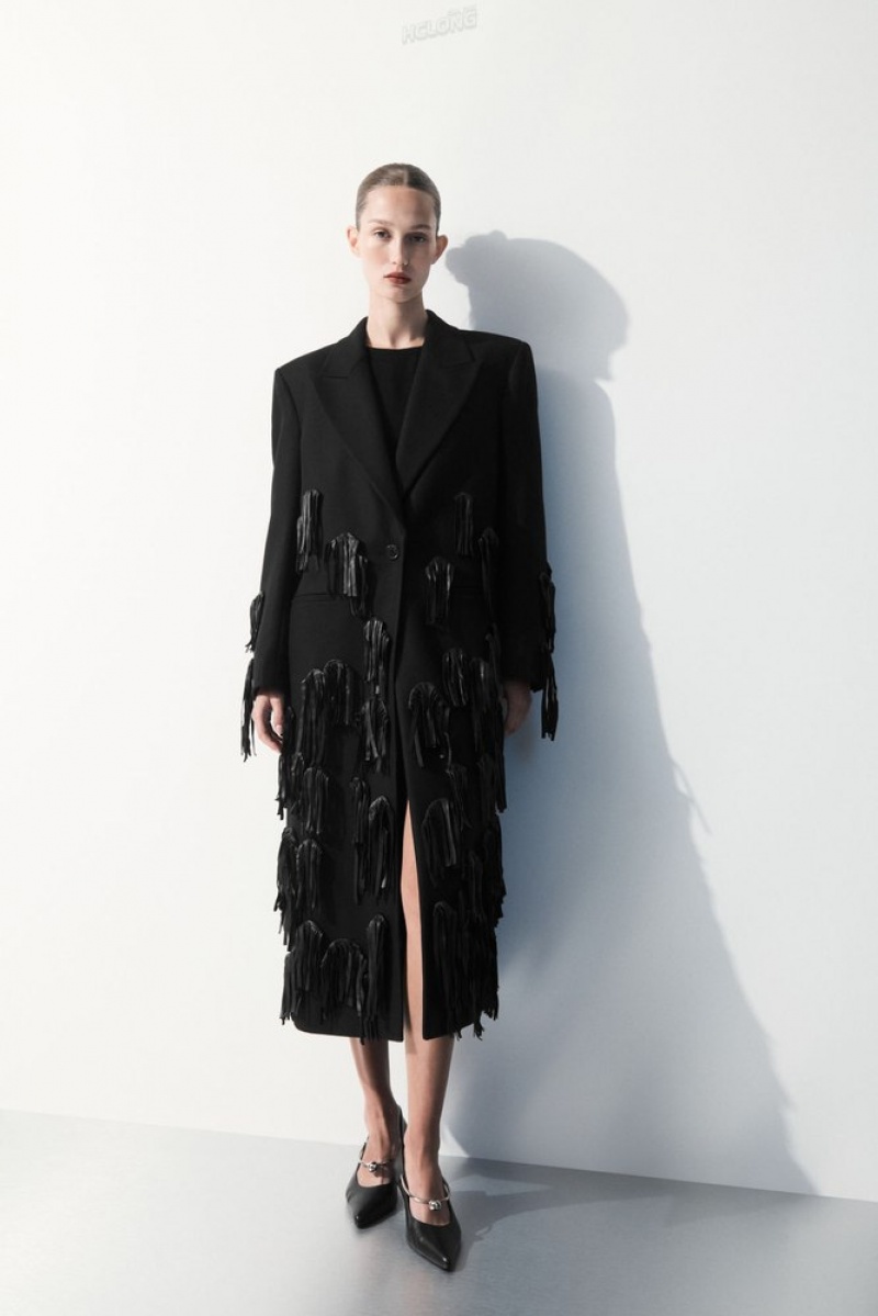 Black COS The Leather-Tasselled Wool Coat Coats & Jackets | 036754-BKO