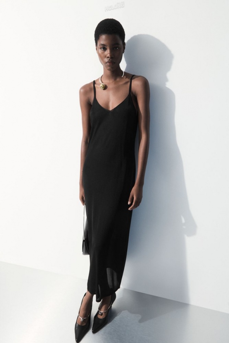 Black COS The Sheer Knitted Slip Dress Dresses | 467132-RBE