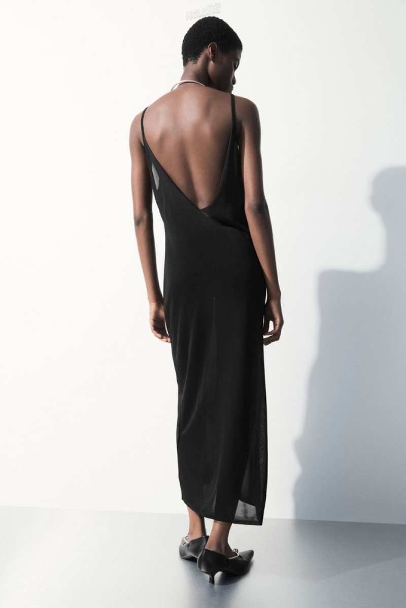 Black COS The Sheer Knitted Slip Dress Dresses | 467132-RBE