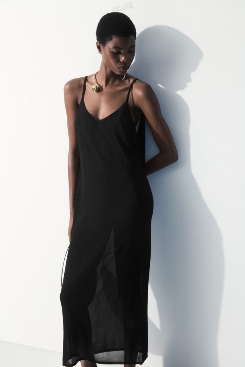 Black COS The Sheer Knitted Slip Dress Dresses | 467132-RBE