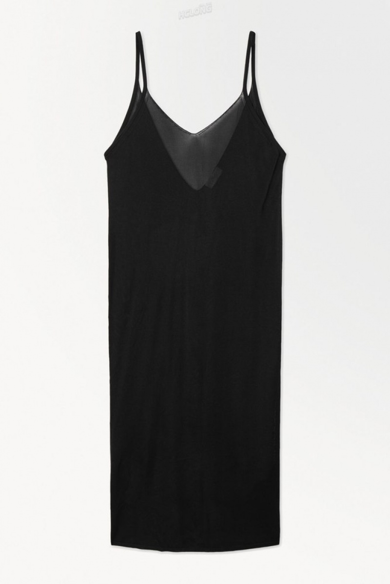 Black COS The Sheer Knitted Slip Dress Dresses | 467132-RBE