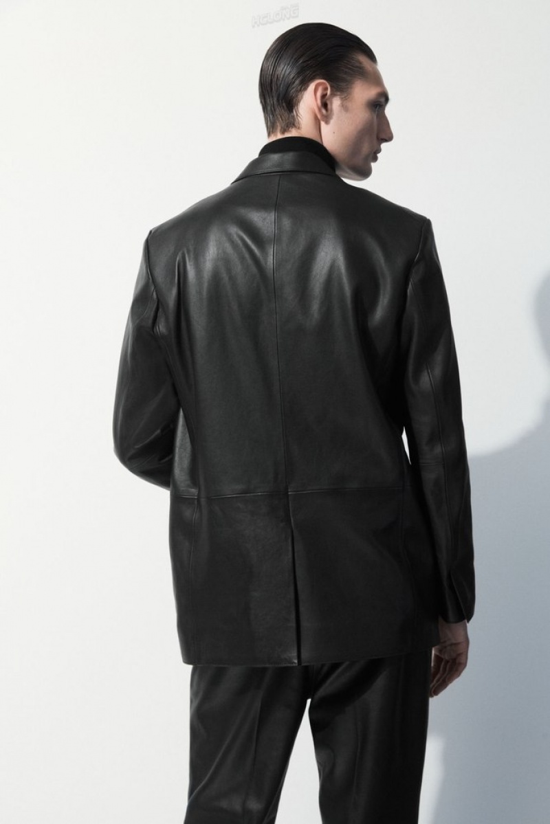 Black COS The Single-Breasted Leather Blazer Coats & Jackets | 951780-SDB