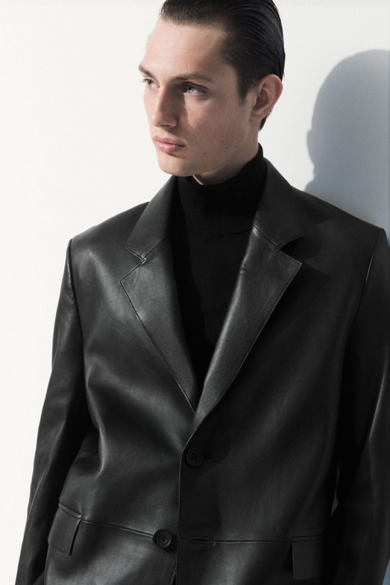 Black COS The Single-Breasted Leather Blazer Coats & Jackets | 951780-SDB