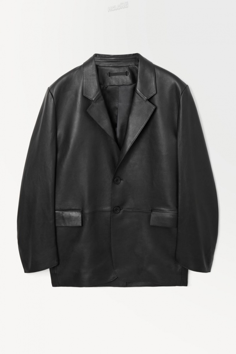 Black COS The Single-Breasted Leather Blazer Coats & Jackets | 951780-SDB