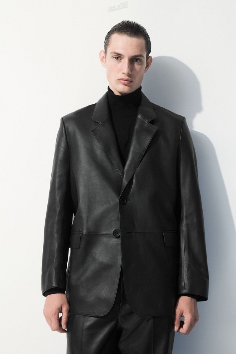 Black COS The Single-Breasted Leather Blazer Coats & Jackets | 951780-SDB