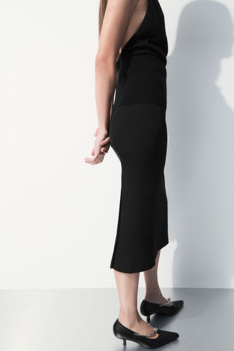 Black COS The Tailored Silk-Blend Midi Skirt Skirts | 960857-KDU