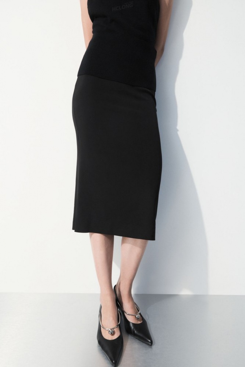 Black COS The Tailored Silk-Blend Midi Skirt Skirts | 960857-KDU