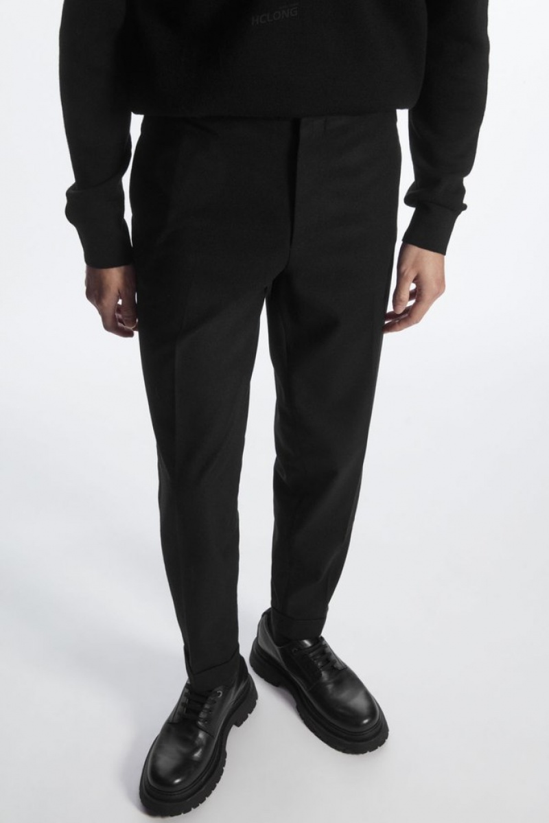 Black COS Turn-Up Tapered Wool Trousers Trousers | 485679-QGH