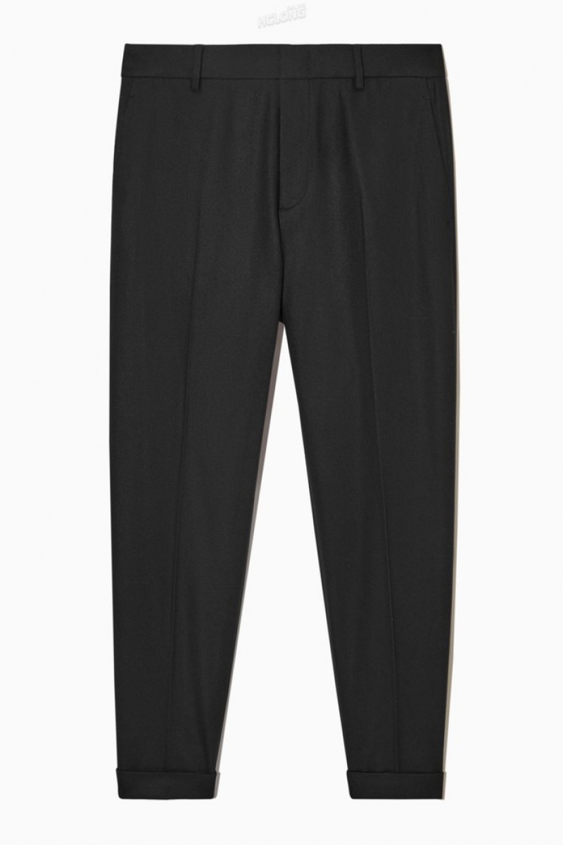 Black COS Turn-Up Tapered Wool Trousers Trousers | 485679-QGH