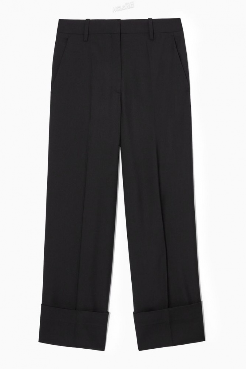 Black COS Turn-Up Wide-Leg Wool Chinos Trousers | 643527-ACM