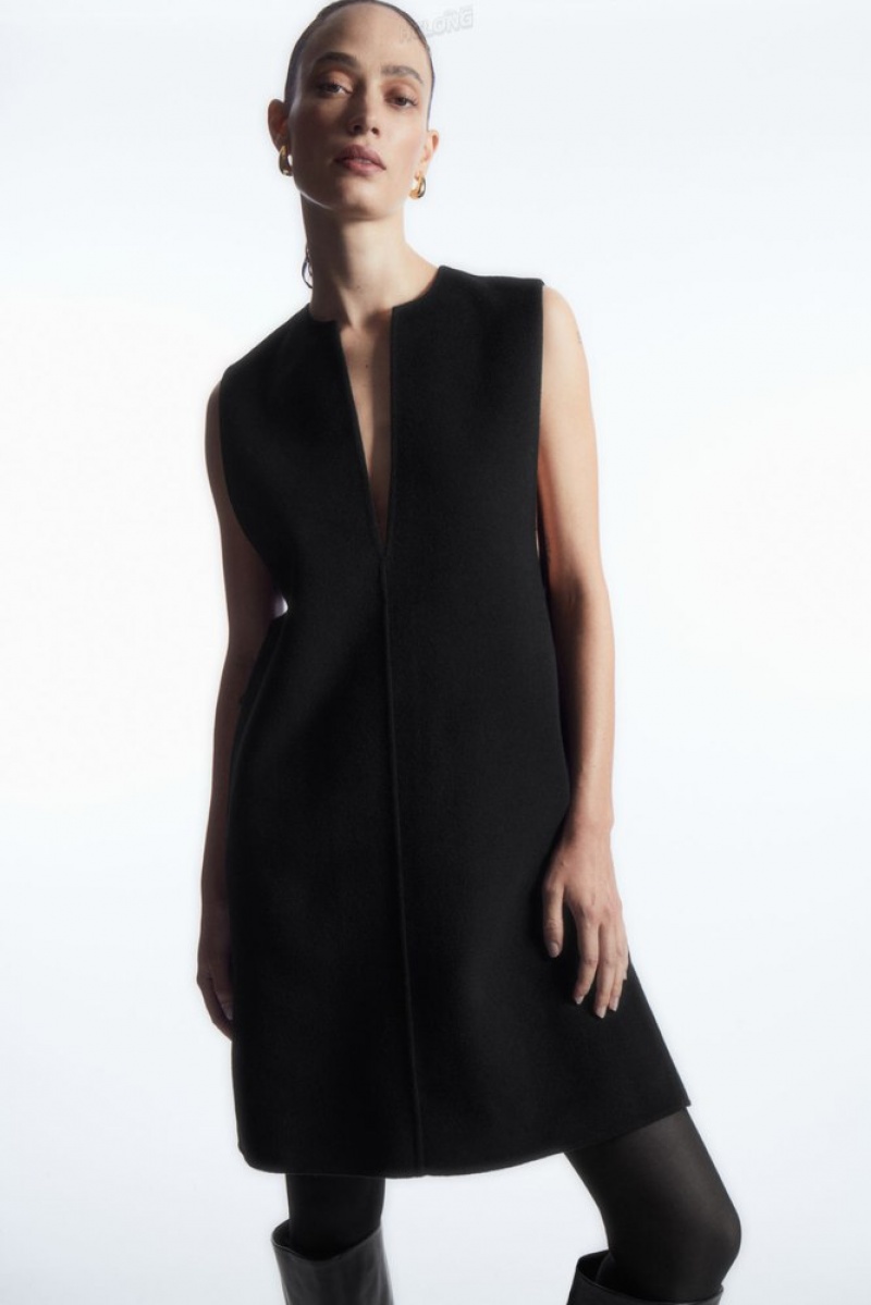 Black COS V-Neck Double-Faced Wool Dress Dresses | 491850-URX