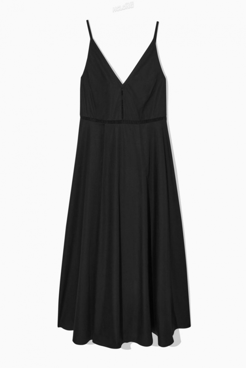 Black COS V-Neck Midi Slip Dress Dresses | 532910-GNJ