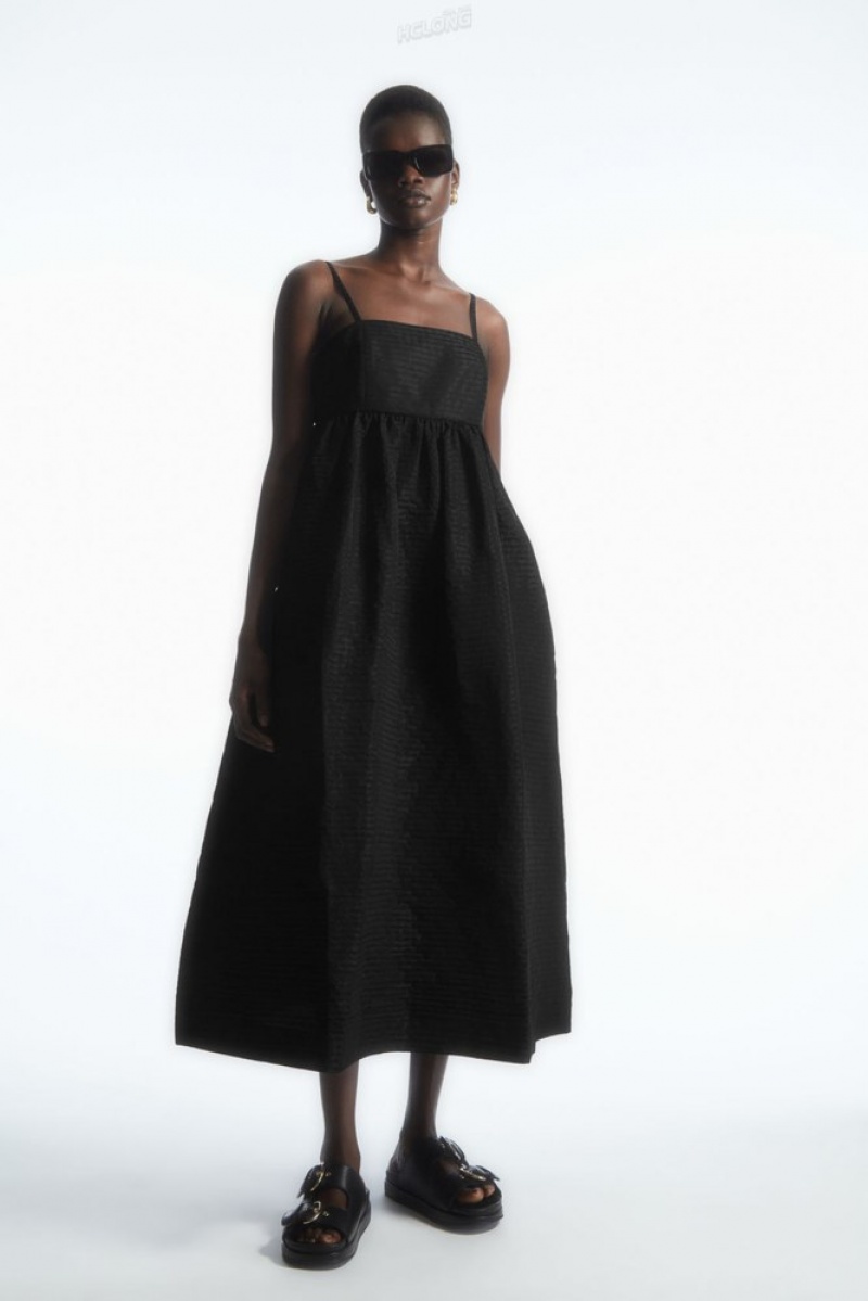 Black COS Voluminous Textured Midi Dress Dresses | 078159-OWX