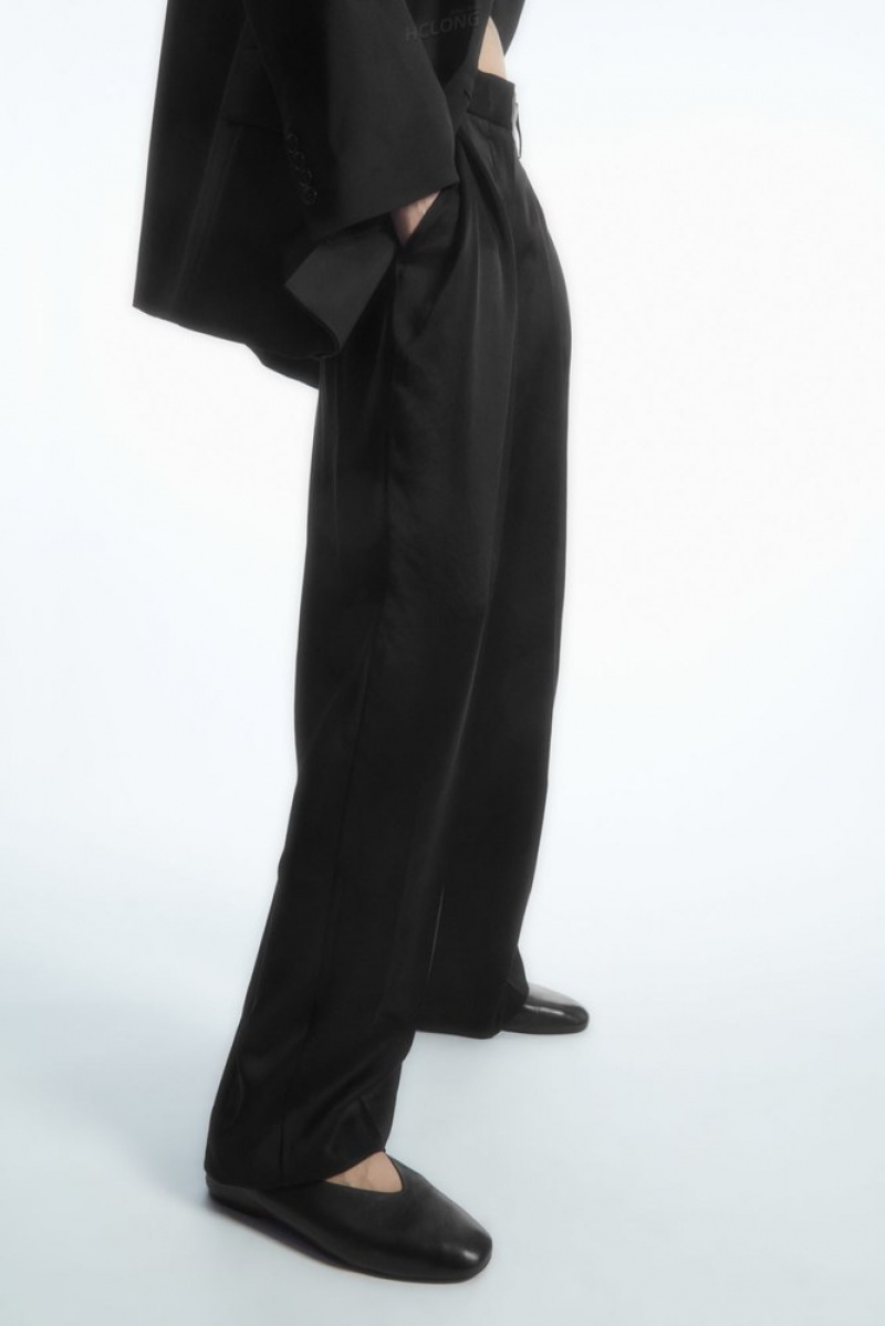 Black COS Wide-Leg Pleated Satin Trousers Pants | 436578-BAC