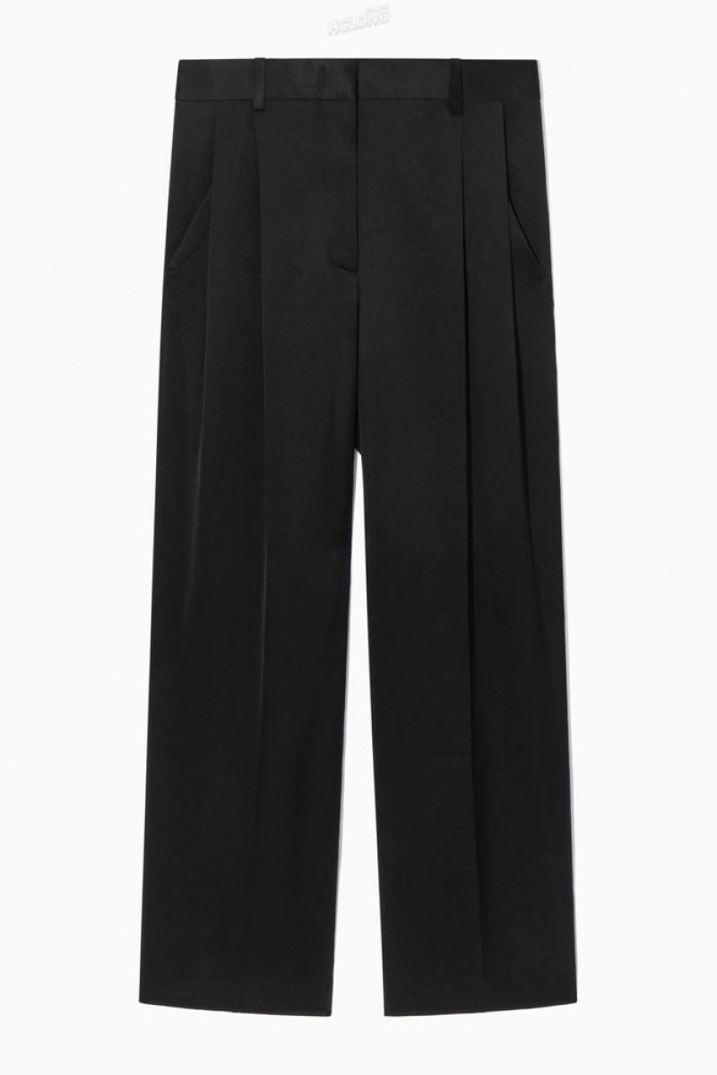 Black COS Wide-Leg Pleated Satin Trousers Pants | 436578-BAC