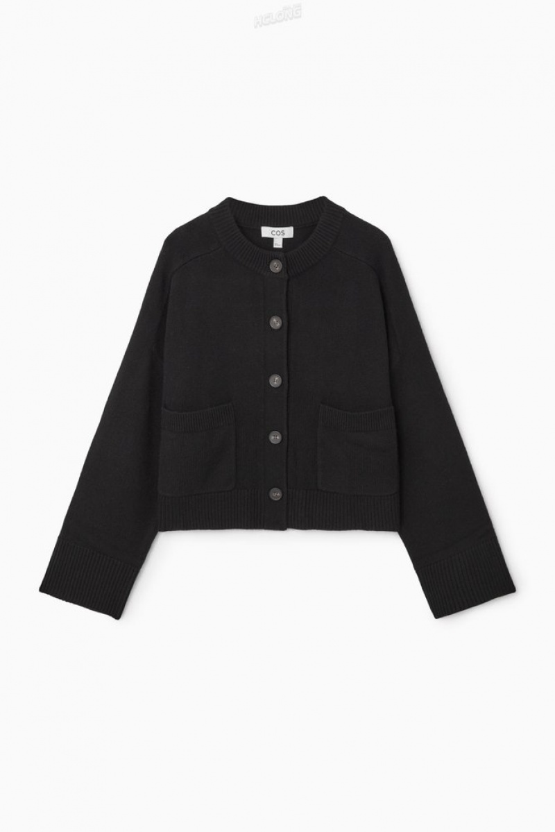 Black COS Wool Crew-Neck Cardigan Sweaters & Cardigans | 086357-BLQ