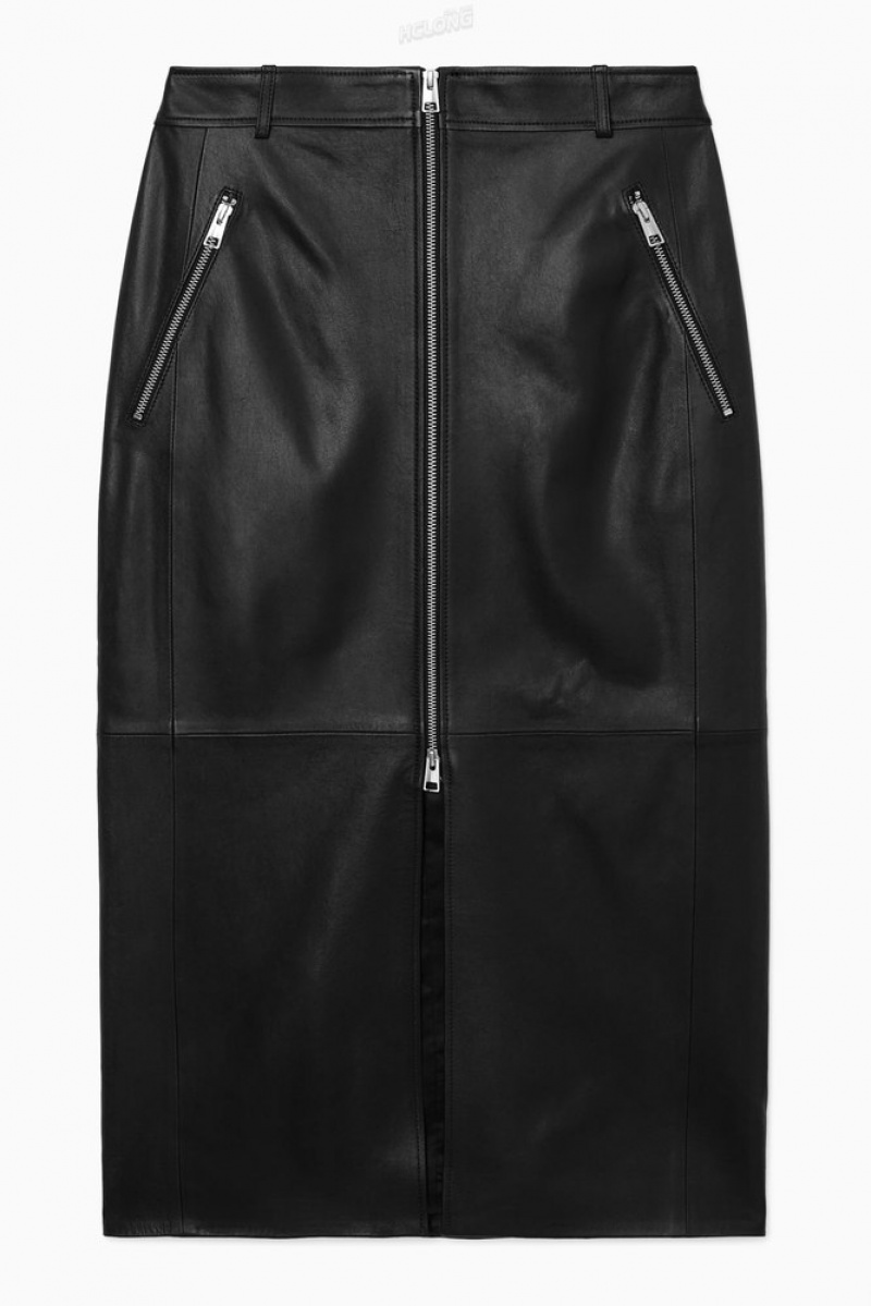 Black COS Zip-Up Leather Midi Skirt Skirts | 016539-SHI