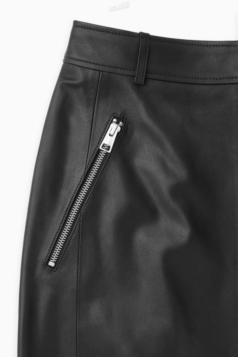 Black COS Zip-Up Leather Midi Skirt Skirts | 016539-SHI