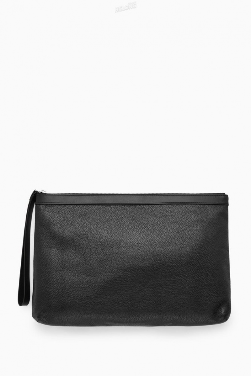 Black COS Zipped Folio Pouch - Grained Leather Bags & Wallets | 389501-DUE