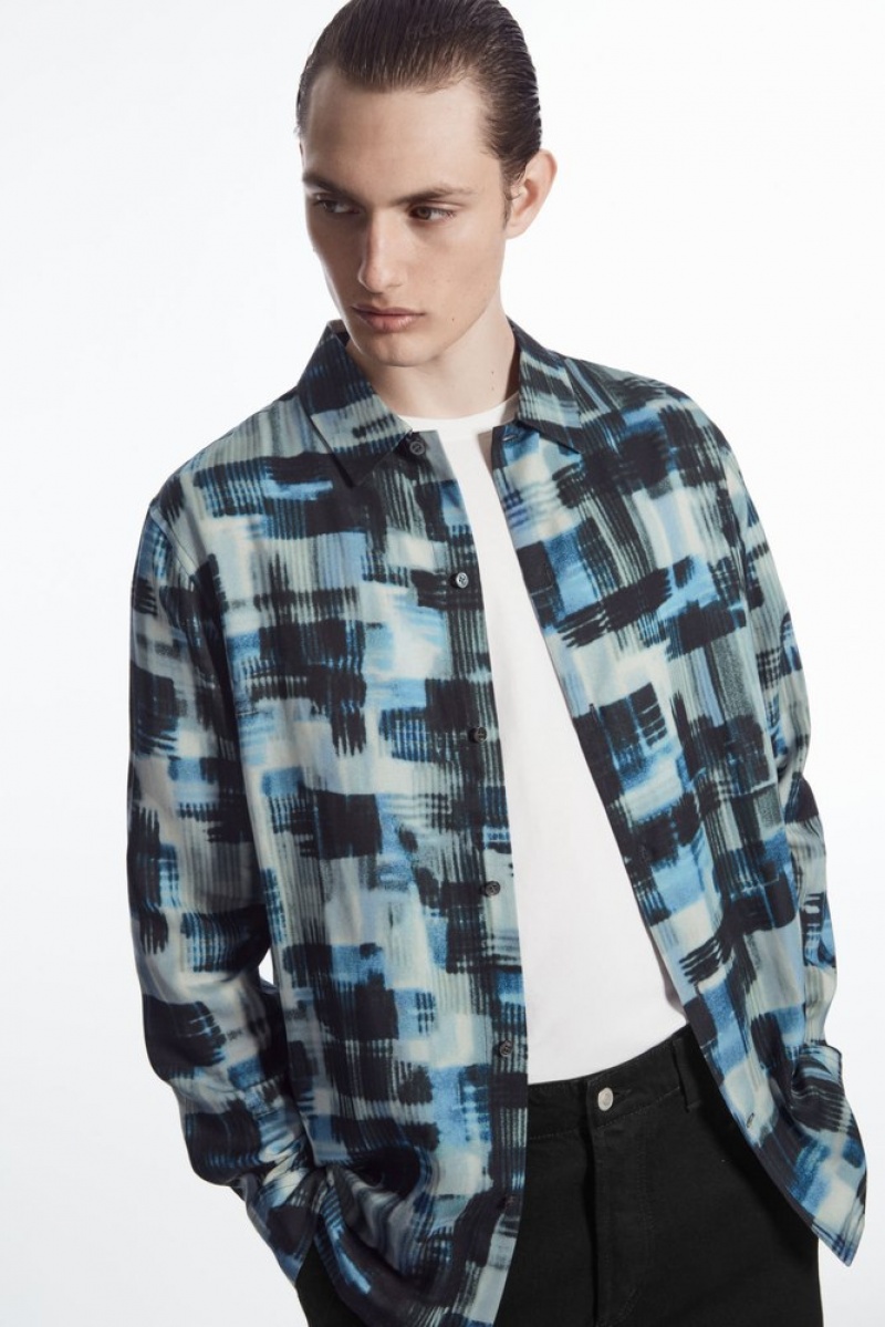 Black / Blue / White COS Brushstroke-Print Shirt Shirts | 479618-OVD