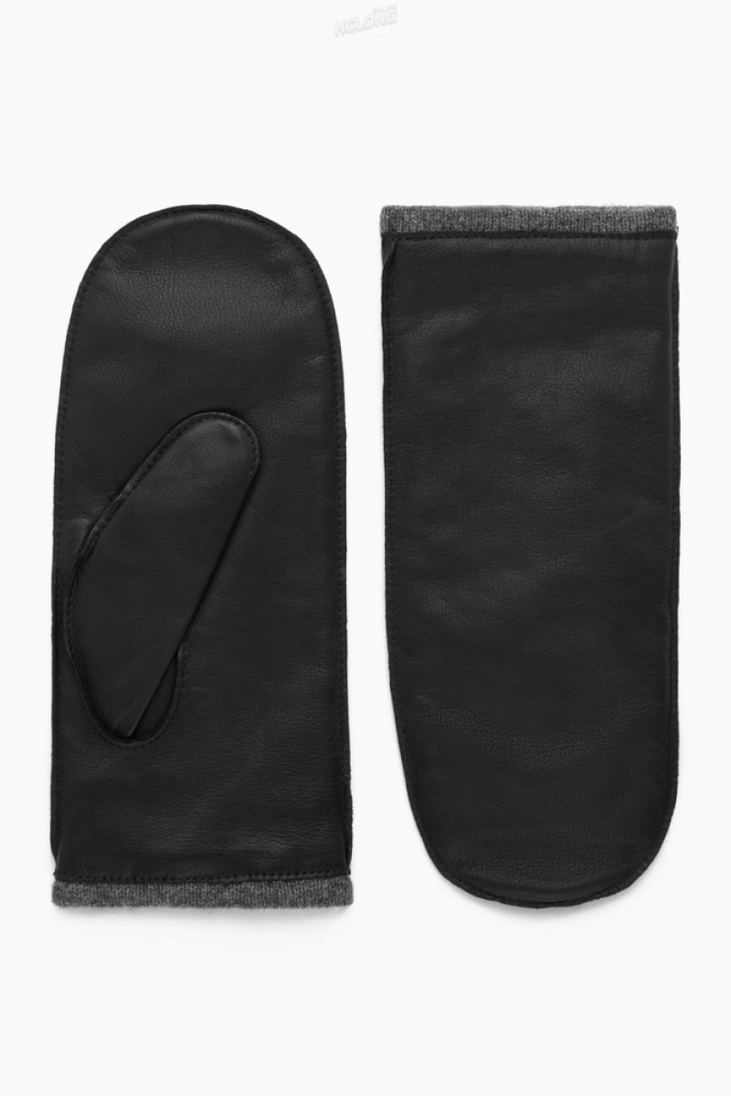 Black / Camel COS Cashmere-Lined Leather Mittens Gloves | 821705-LGY