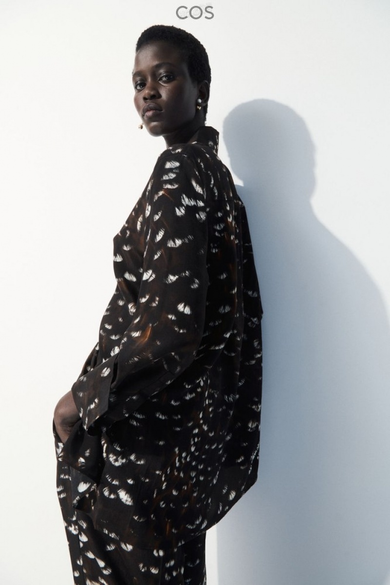 Black / Feather Print COS The Feather-Print Silk Shirt Shirts & Blouses | 617483-UFI