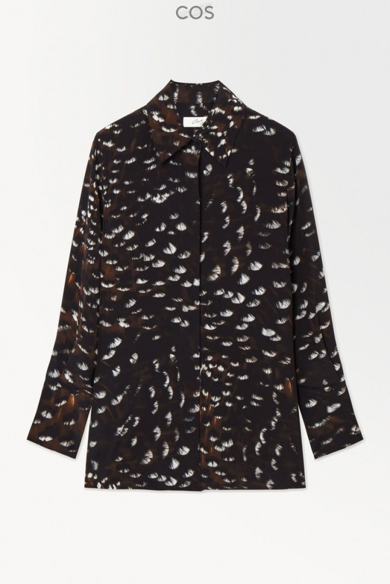 Black / Feather Print COS The Feather-Print Silk Shirt Shirts & Blouses | 617483-UFI