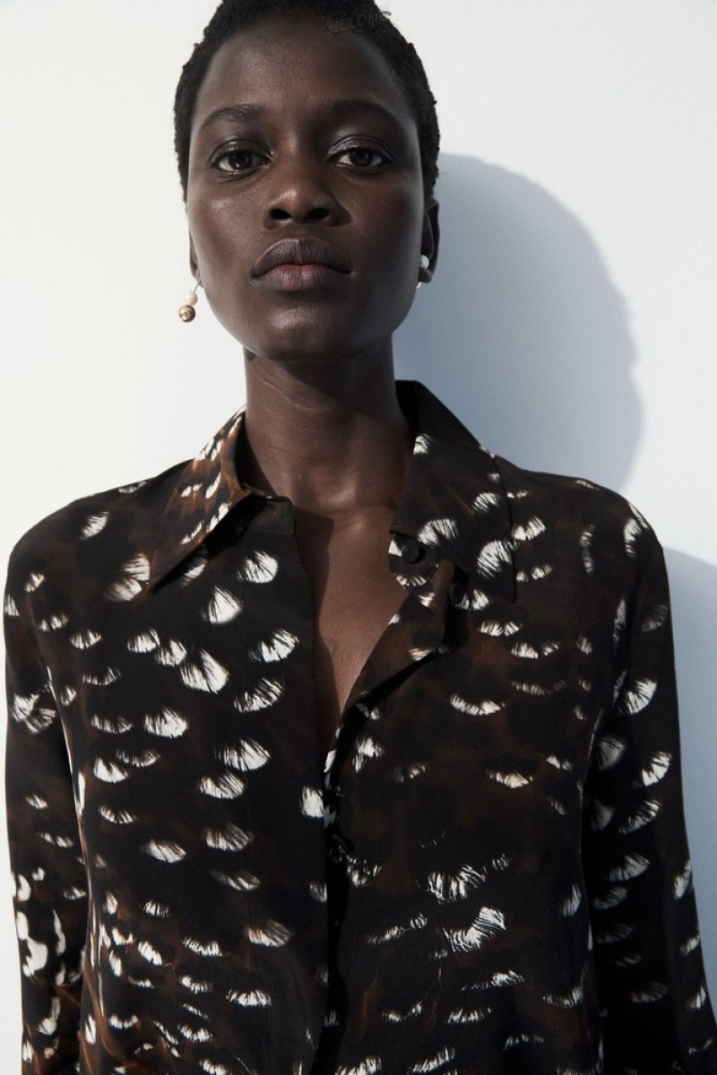 Black / Feather Print COS The Feather-Print Silk Shirt Shirts & Blouses | 617483-UFI