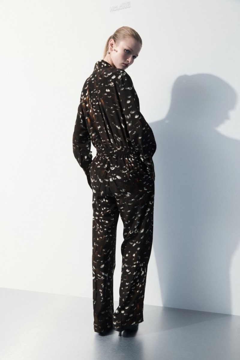 Black / Feather Print COS The Feather-Print Silk Trousers Pants | 326840-WQV