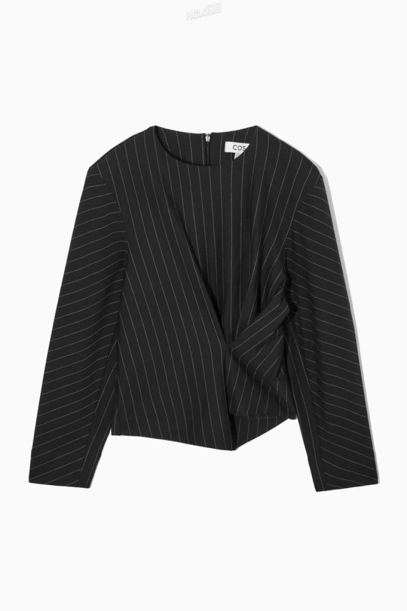 Black / Pinstriped COS Pinstriped Draped Top Tops | 701429-JXM