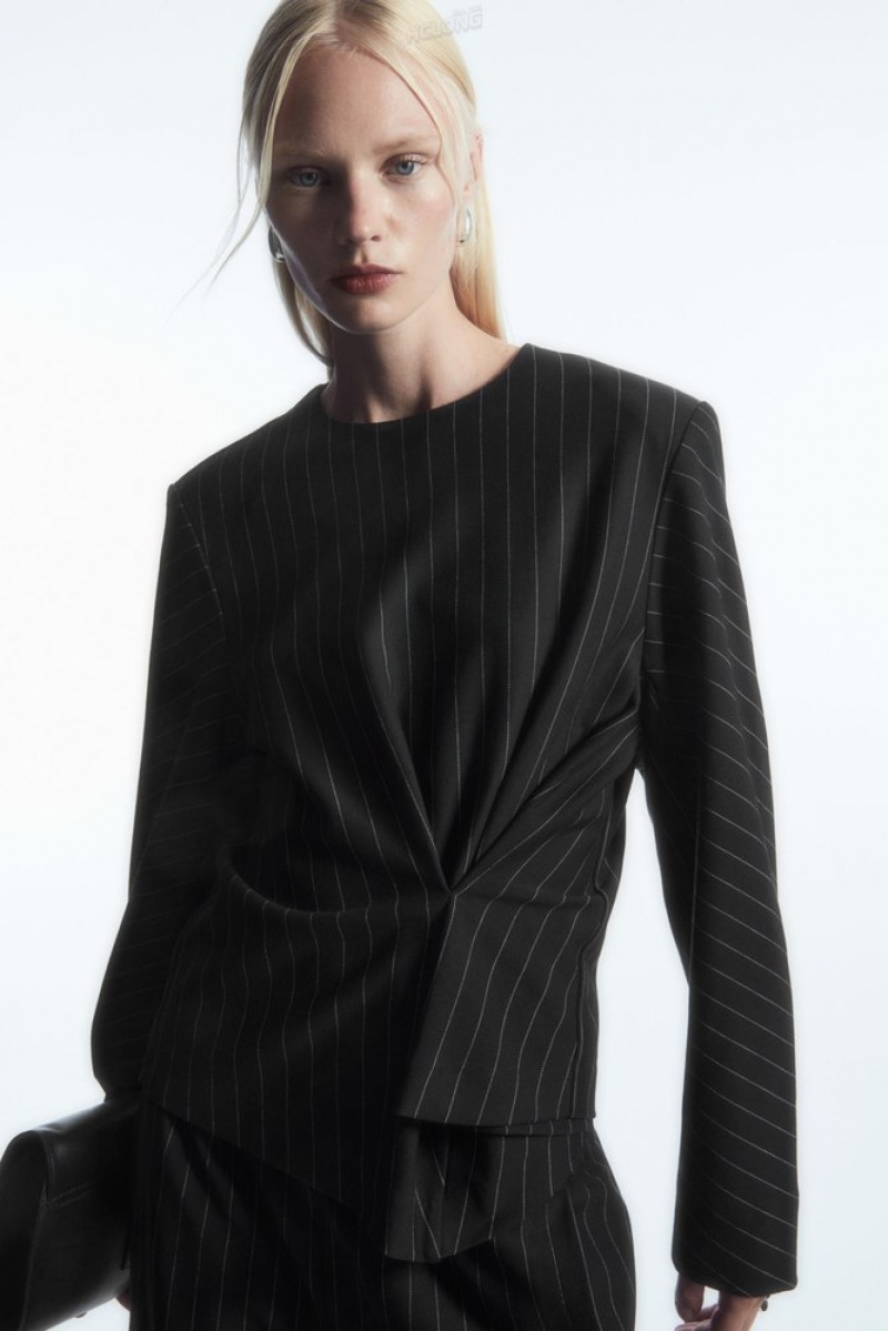 Black / Pinstriped COS Pinstriped Draped Top Tops | 701429-JXM