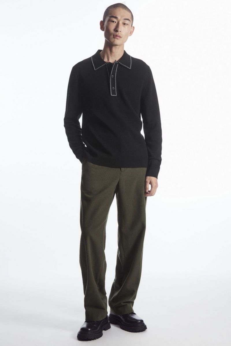 Black / White COS Contrast-Stitch Wool Polo Shirt Knitwear | 637852-WQN